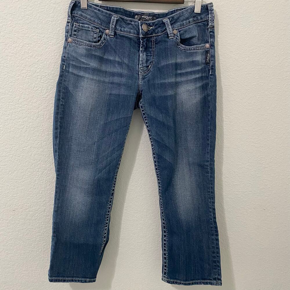 Silver Jeans Aiko Capri Jeans Womens Size 30 Dark Wash Embroidered Pockets